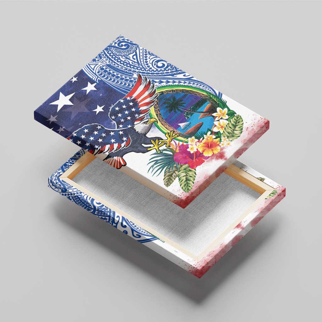 Guam and United States Together Canvas Wall Art Bald Eagle and Guam Seal with Flower and Tribal Tattoos - Polynesian Pride
