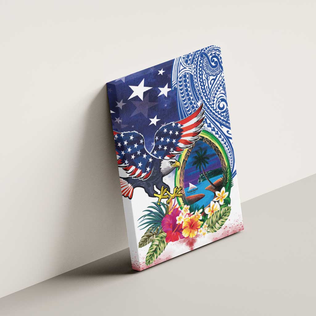 Guam and United States Together Canvas Wall Art Bald Eagle and Guam Seal with Flower and Tribal Tattoos - Polynesian Pride