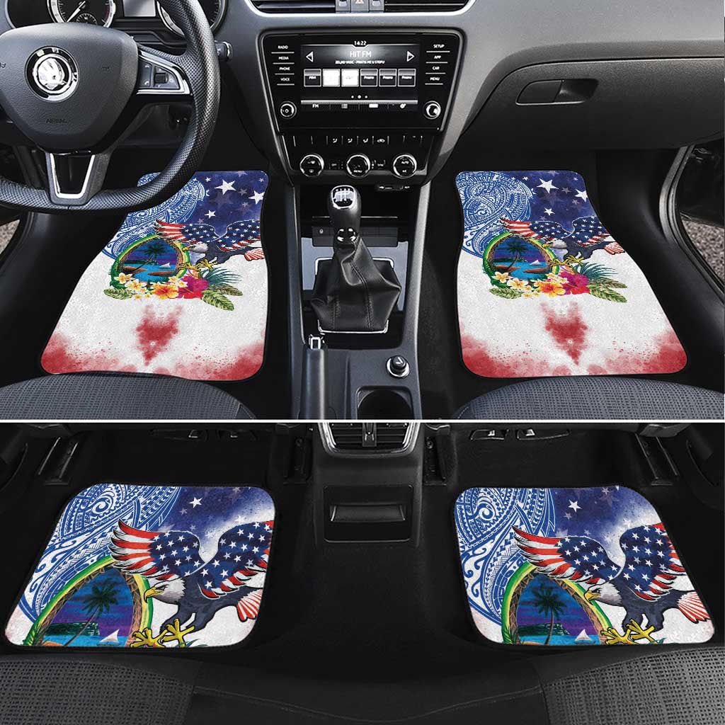Guam and United States Together Car Mats Bald Eagle and Guam Seal with Flower and Tribal Tattoos - Polynesian Pride