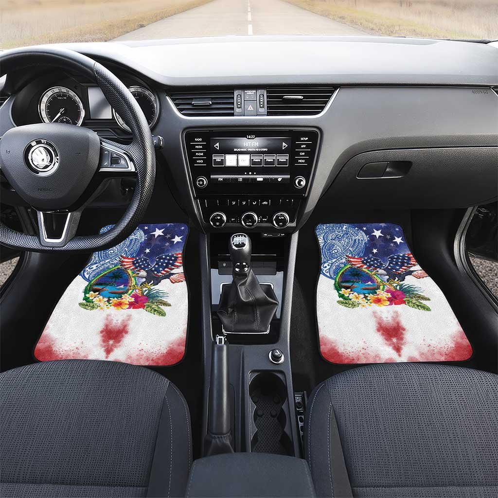 Guam and United States Together Car Mats Bald Eagle and Guam Seal with Flower and Tribal Tattoos - Polynesian Pride