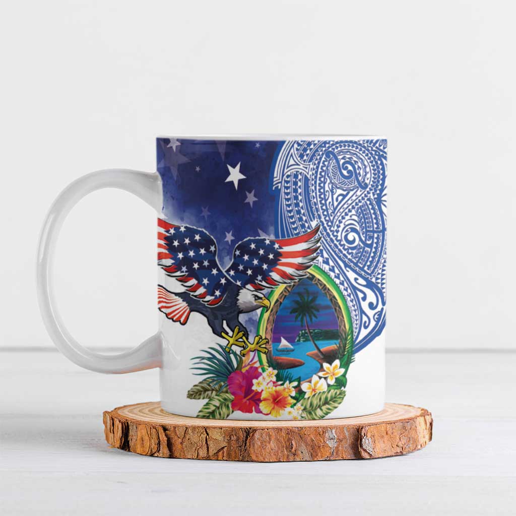 Guam and United States Together Ceramic Mug Bald Eagle and Guam Seal with Flower and Tribal Tattoos - Polynesian Pride