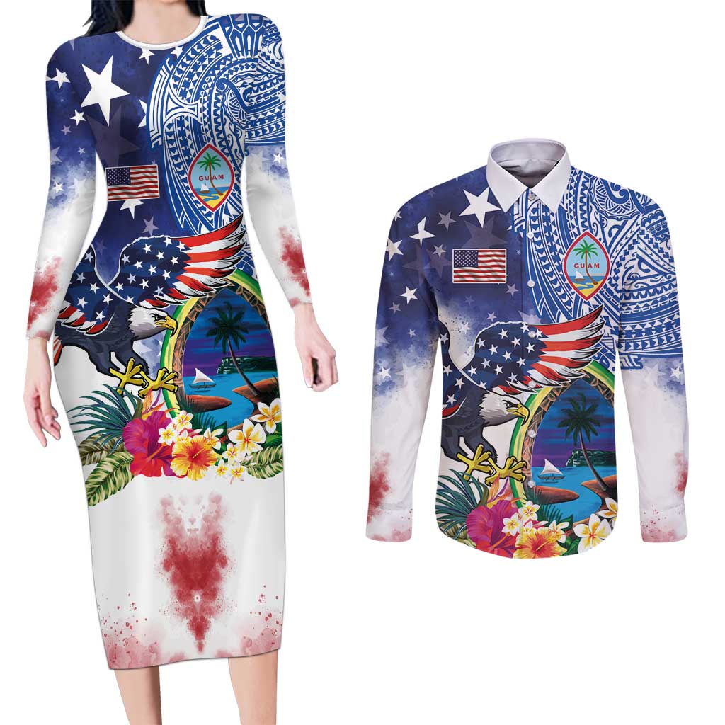 Guam and United States Together Couples Matching Long Sleeve Bodycon Dress and Long Sleeve Button Shirt Bald Eagle and Guam Seal with Flower and Tribal Tattoos - Polynesian Pride