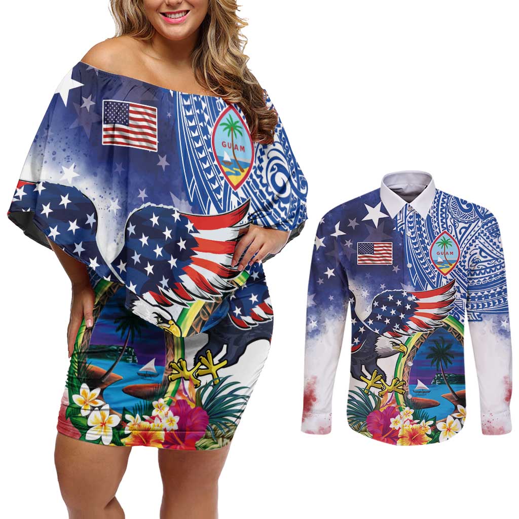 Guam and United States Together Couples Matching Off Shoulder Short Dress and Long Sleeve Button Shirt Bald Eagle and Guam Seal with Flower and Tribal Tattoos - Polynesian Pride