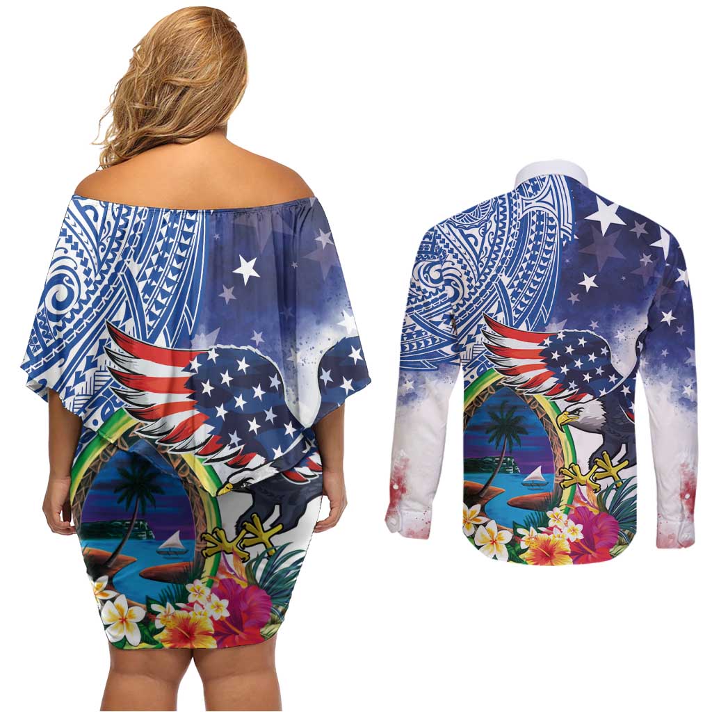 Guam and United States Together Couples Matching Off Shoulder Short Dress and Long Sleeve Button Shirt Bald Eagle and Guam Seal with Flower and Tribal Tattoos - Polynesian Pride