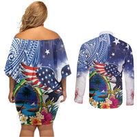 Guam and United States Together Couples Matching Off Shoulder Short Dress and Long Sleeve Button Shirt Bald Eagle and Guam Seal with Flower and Tribal Tattoos - Polynesian Pride