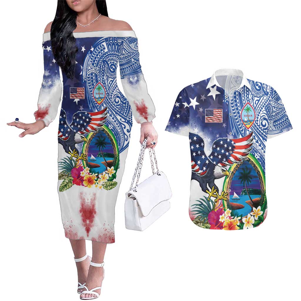 Guam and United States Together Couples Matching Off The Shoulder Long Sleeve Dress and Hawaiian Shirt Bald Eagle and Guam Seal with Flower and Tribal Tattoos - Polynesian Pride