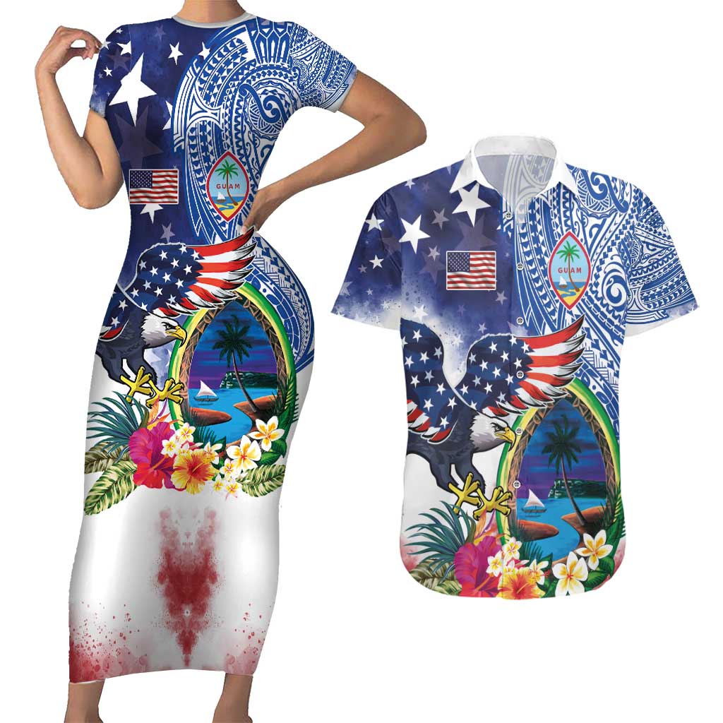 Guam and United States Together Couples Matching Short Sleeve Bodycon Dress and Hawaiian Shirt Bald Eagle and Guam Seal with Flower and Tribal Tattoos - Polynesian Pride