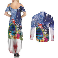 Guam and United States Together Couples Matching Summer Maxi Dress and Long Sleeve Button Shirt Bald Eagle and Guam Seal with Flower and Tribal Tattoos - Polynesian Pride