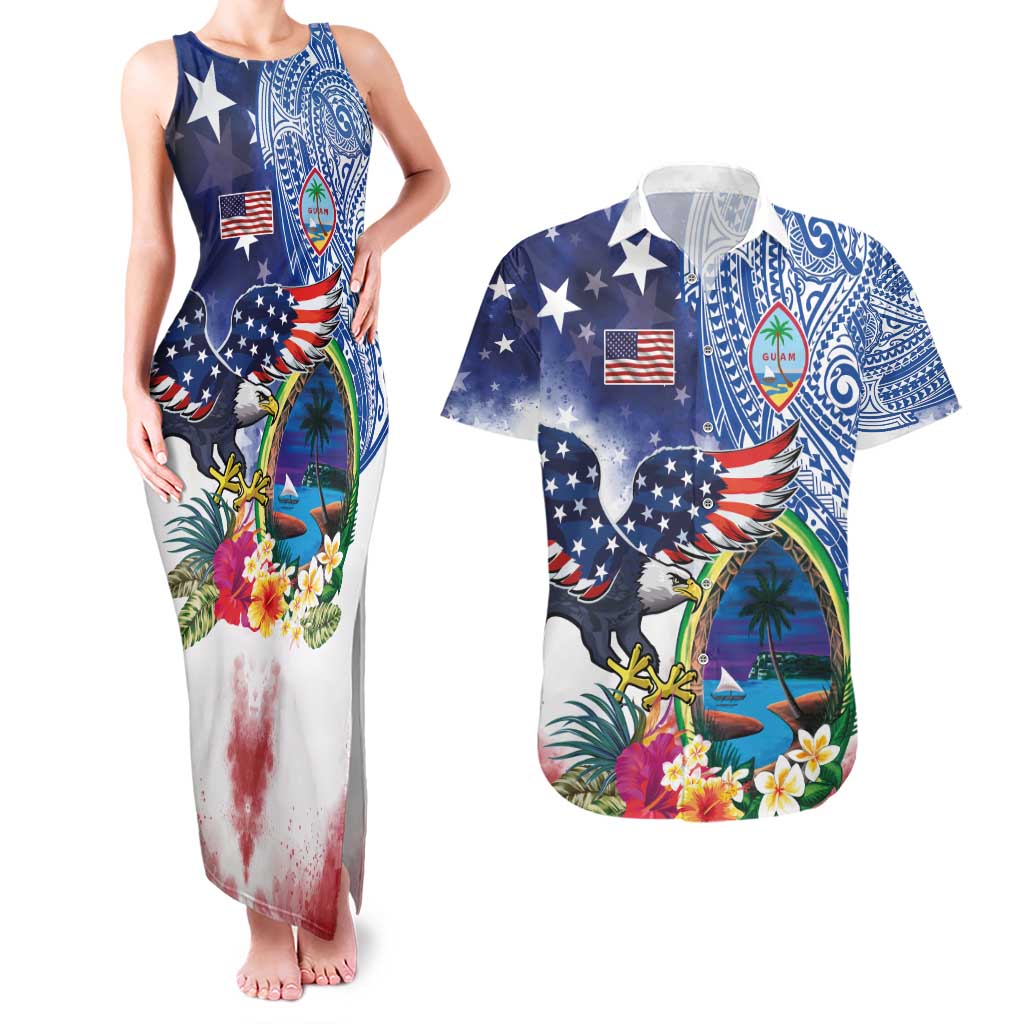Guam and United States Together Couples Matching Tank Maxi Dress and Hawaiian Shirt Bald Eagle and Guam Seal with Flower and Tribal Tattoos - Polynesian Pride