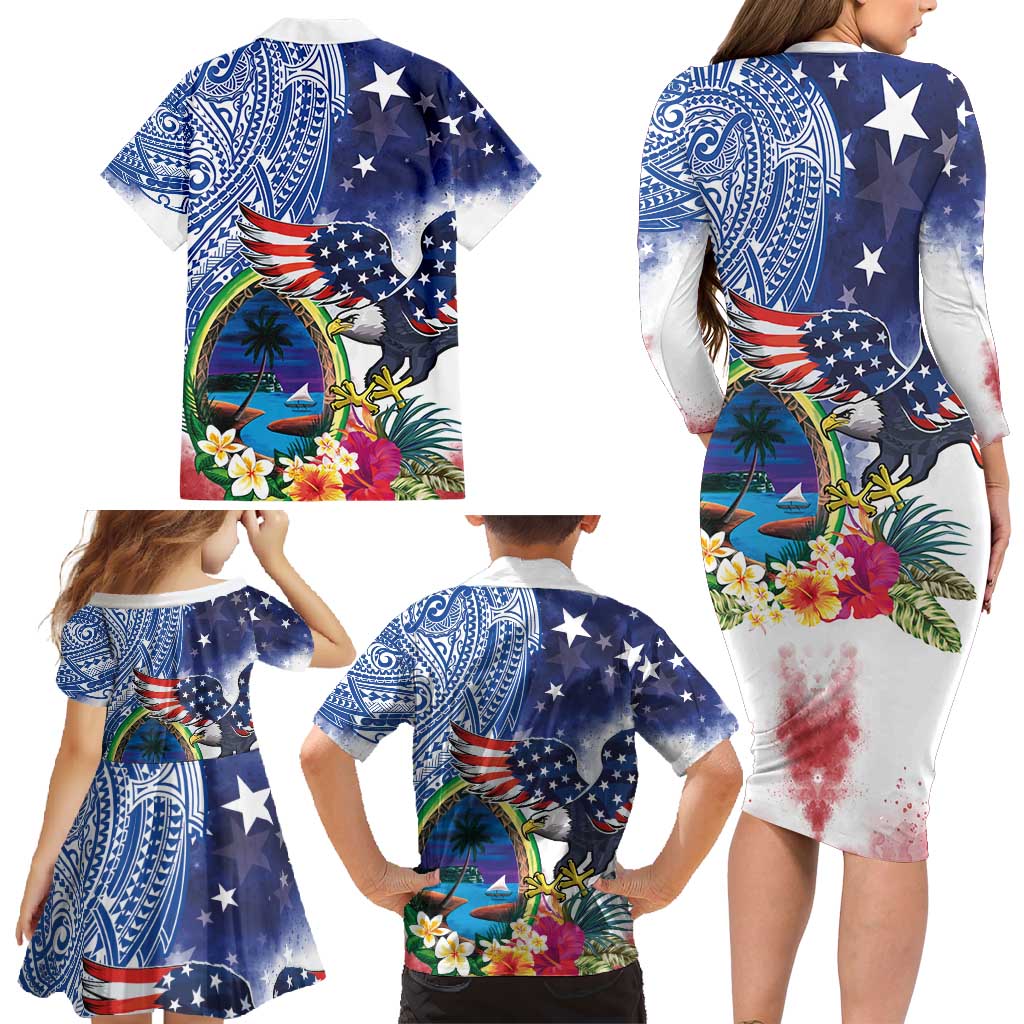 Guam and United States Together Family Matching Long Sleeve Bodycon Dress and Hawaiian Shirt Bald Eagle and Guam Seal with Flower and Tribal Tattoos - Polynesian Pride