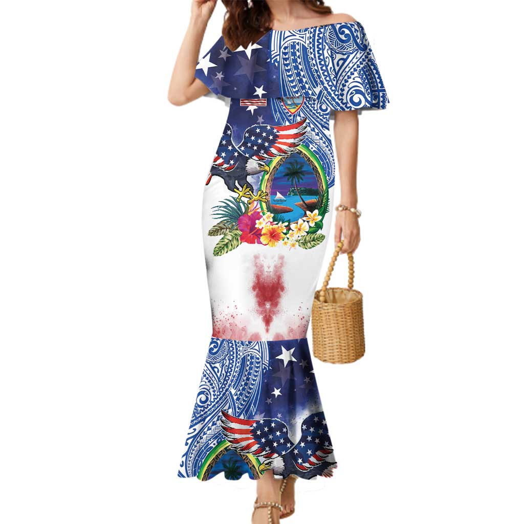 Guam and United States Together Family Matching Mermaid Dress and Hawaiian Shirt Bald Eagle and Guam Seal with Flower and Tribal Tattoos - Polynesian Pride