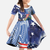 Guam and United States Together Family Matching Off The Shoulder Long Sleeve Dress and Hawaiian Shirt Bald Eagle and Guam Seal with Flower and Tribal Tattoos - Polynesian Pride