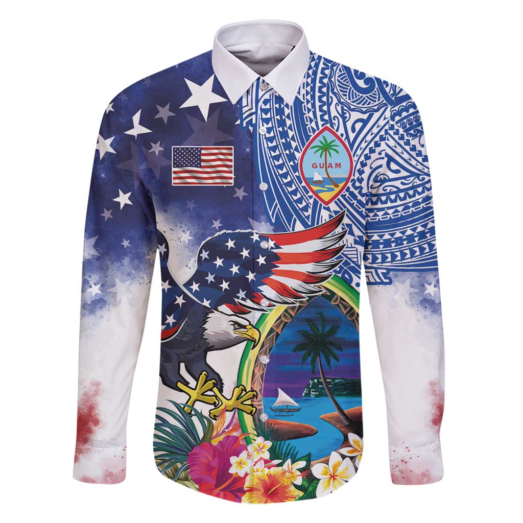 Guam and United States Together Family Matching Off Shoulder Maxi Dress and Hawaiian Shirt Bald Eagle and Guam Seal with Flower and Tribal Tattoos - Polynesian Pride