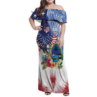 Guam and United States Together Family Matching Off Shoulder Maxi Dress and Hawaiian Shirt Bald Eagle and Guam Seal with Flower and Tribal Tattoos - Polynesian Pride