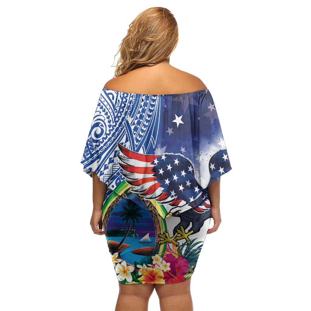 Guam and United States Together Family Matching Off Shoulder Short Dress and Hawaiian Shirt Bald Eagle and Guam Seal with Flower and Tribal Tattoos - Polynesian Pride