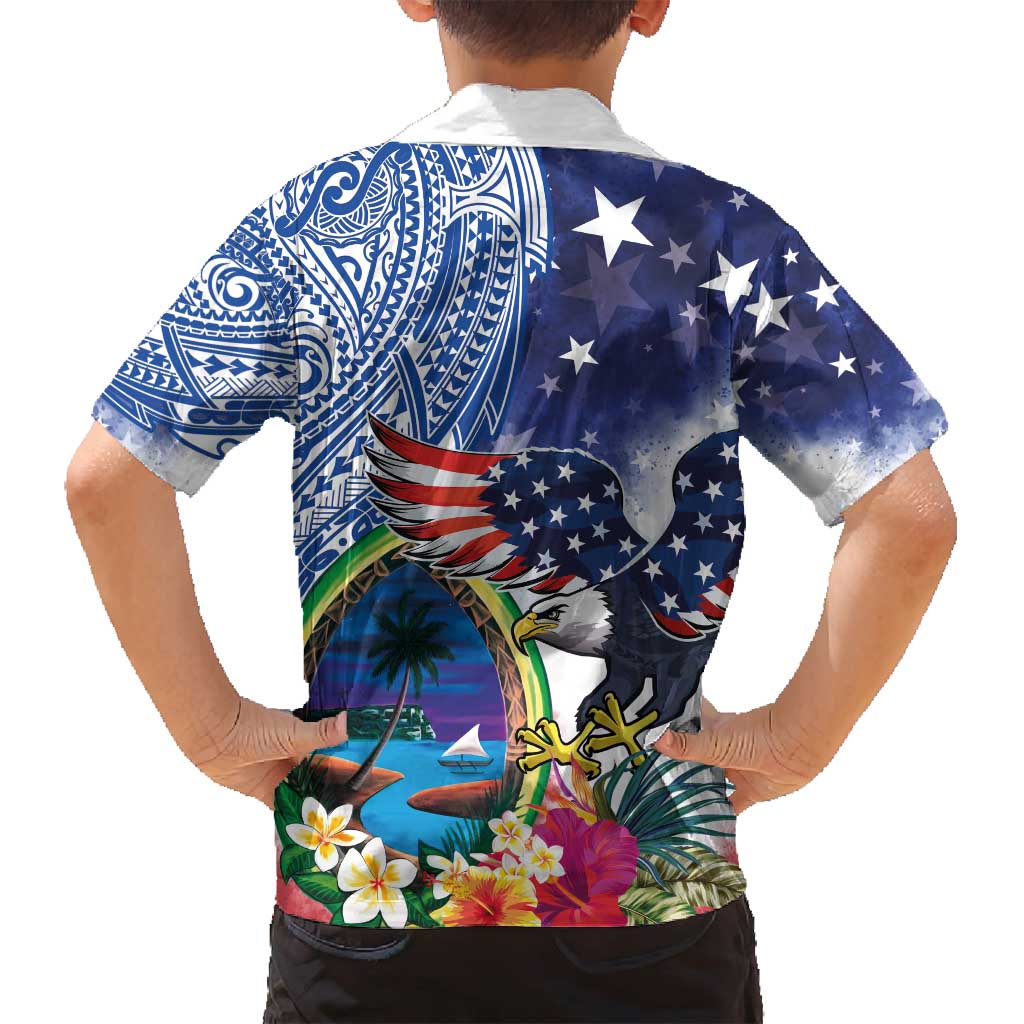 Guam and United States Together Family Matching Puletasi and Hawaiian Shirt Bald Eagle and Guam Seal with Flower and Tribal Tattoos - Polynesian Pride