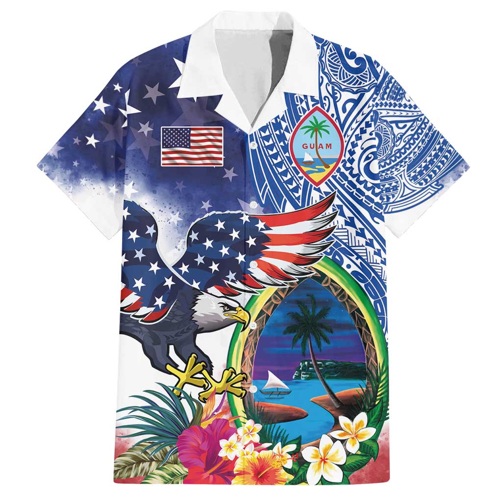 Guam and United States Together Family Matching Puletasi and Hawaiian Shirt Bald Eagle and Guam Seal with Flower and Tribal Tattoos - Polynesian Pride
