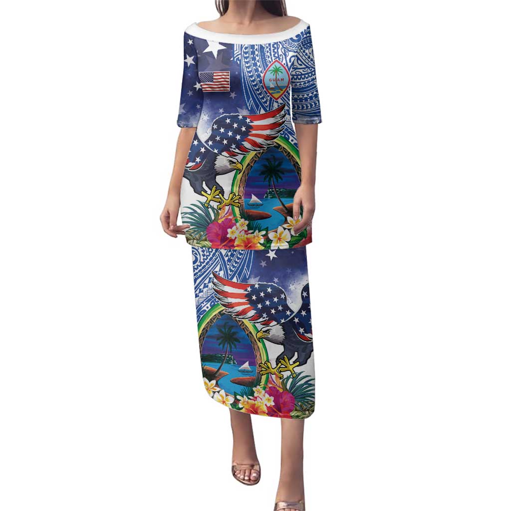 Guam and United States Together Family Matching Puletasi and Hawaiian Shirt Bald Eagle and Guam Seal with Flower and Tribal Tattoos - Polynesian Pride