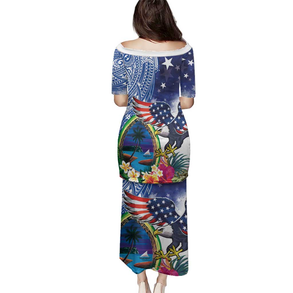 Guam and United States Together Family Matching Puletasi and Hawaiian Shirt Bald Eagle and Guam Seal with Flower and Tribal Tattoos - Polynesian Pride