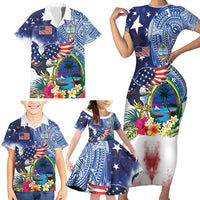 Guam and United States Together Family Matching Short Sleeve Bodycon Dress and Hawaiian Shirt Bald Eagle and Guam Seal with Flower and Tribal Tattoos - Polynesian Pride