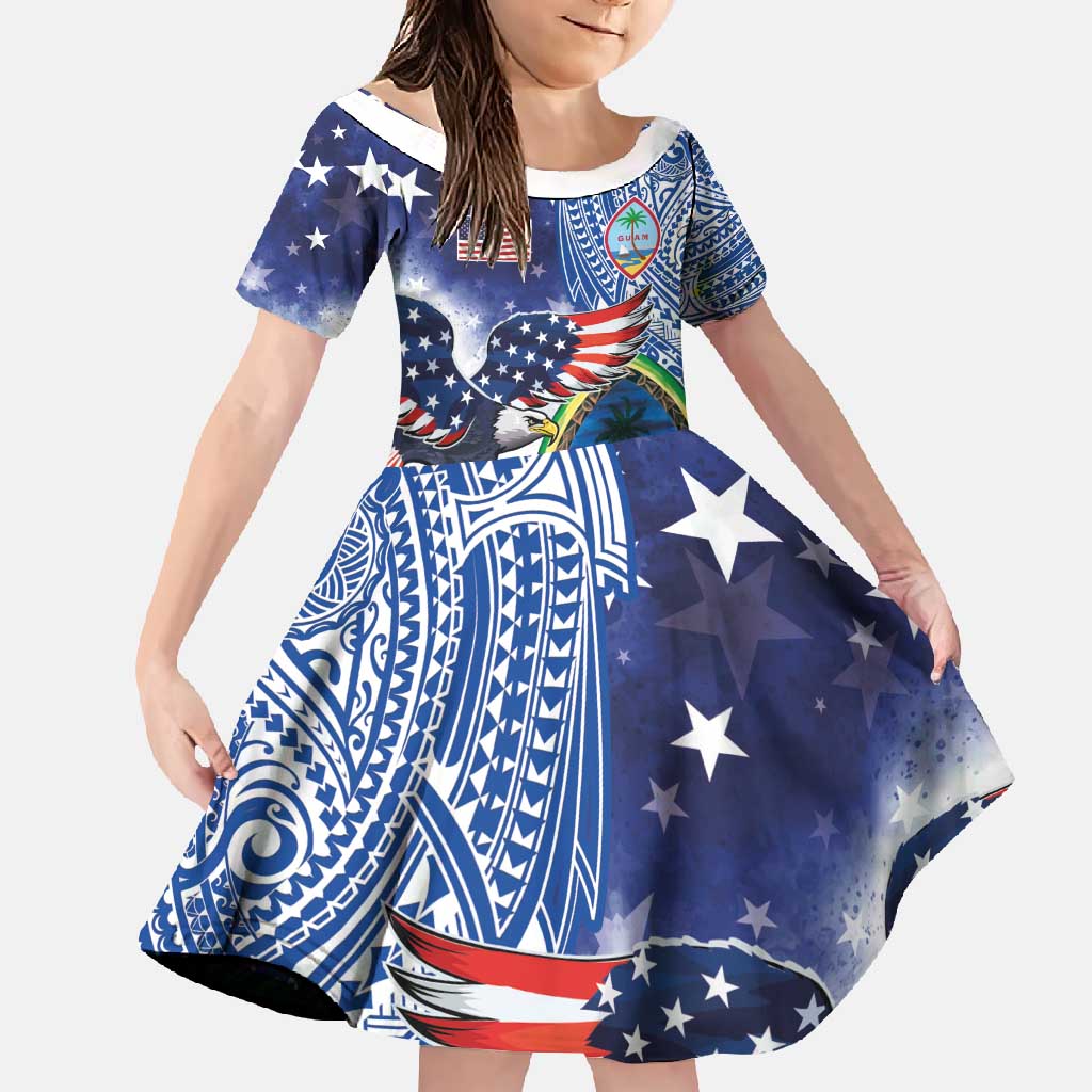 Guam and United States Together Family Matching Tank Maxi Dress and Hawaiian Shirt Bald Eagle and Guam Seal with Flower and Tribal Tattoos - Polynesian Pride