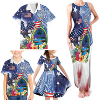 Guam and United States Together Family Matching Tank Maxi Dress and Hawaiian Shirt Bald Eagle and Guam Seal with Flower and Tribal Tattoos - Polynesian Pride