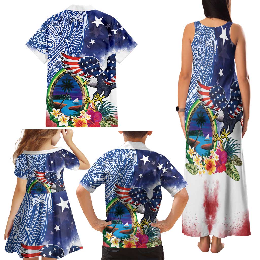 Guam and United States Together Family Matching Tank Maxi Dress and Hawaiian Shirt Bald Eagle and Guam Seal with Flower and Tribal Tattoos - Polynesian Pride
