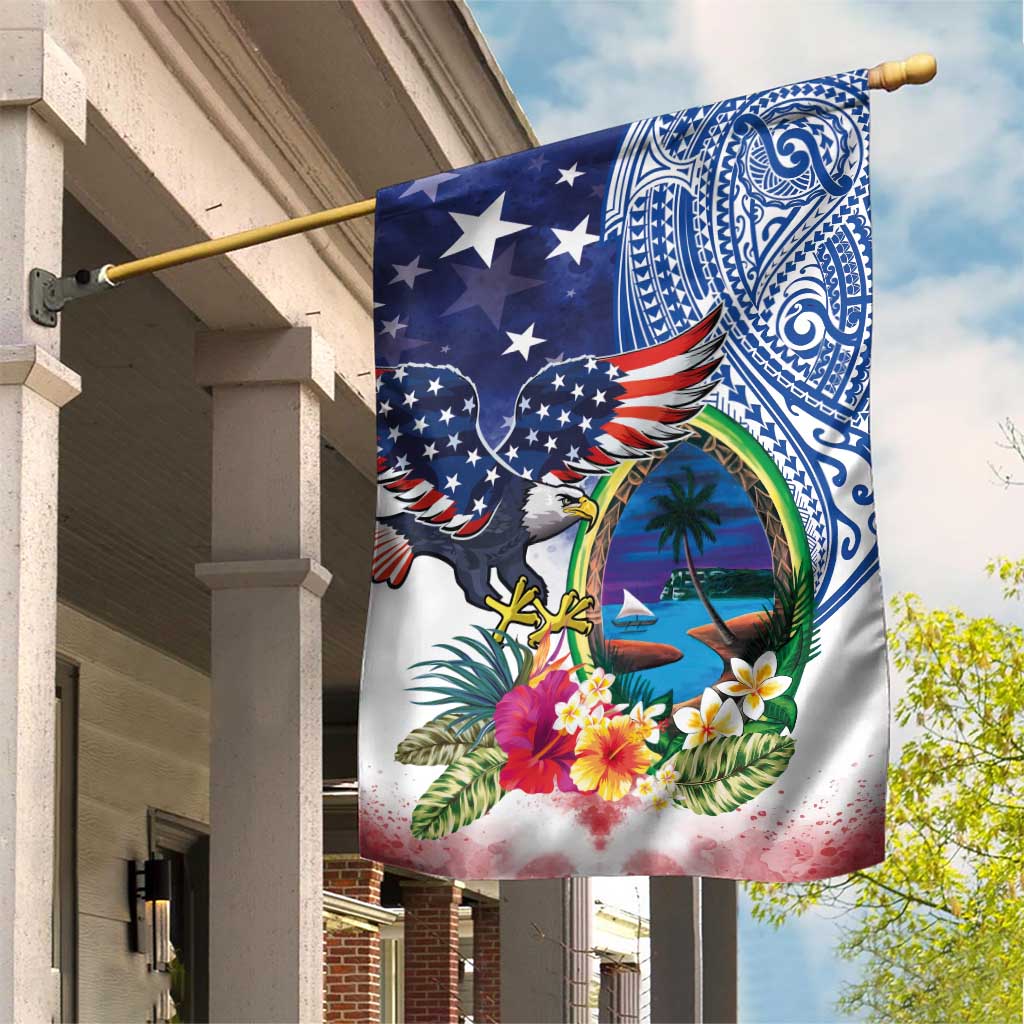 Guam and United States Together Garden Flag Bald Eagle and Guam Seal with Flower and Tribal Tattoos - Polynesian Pride
