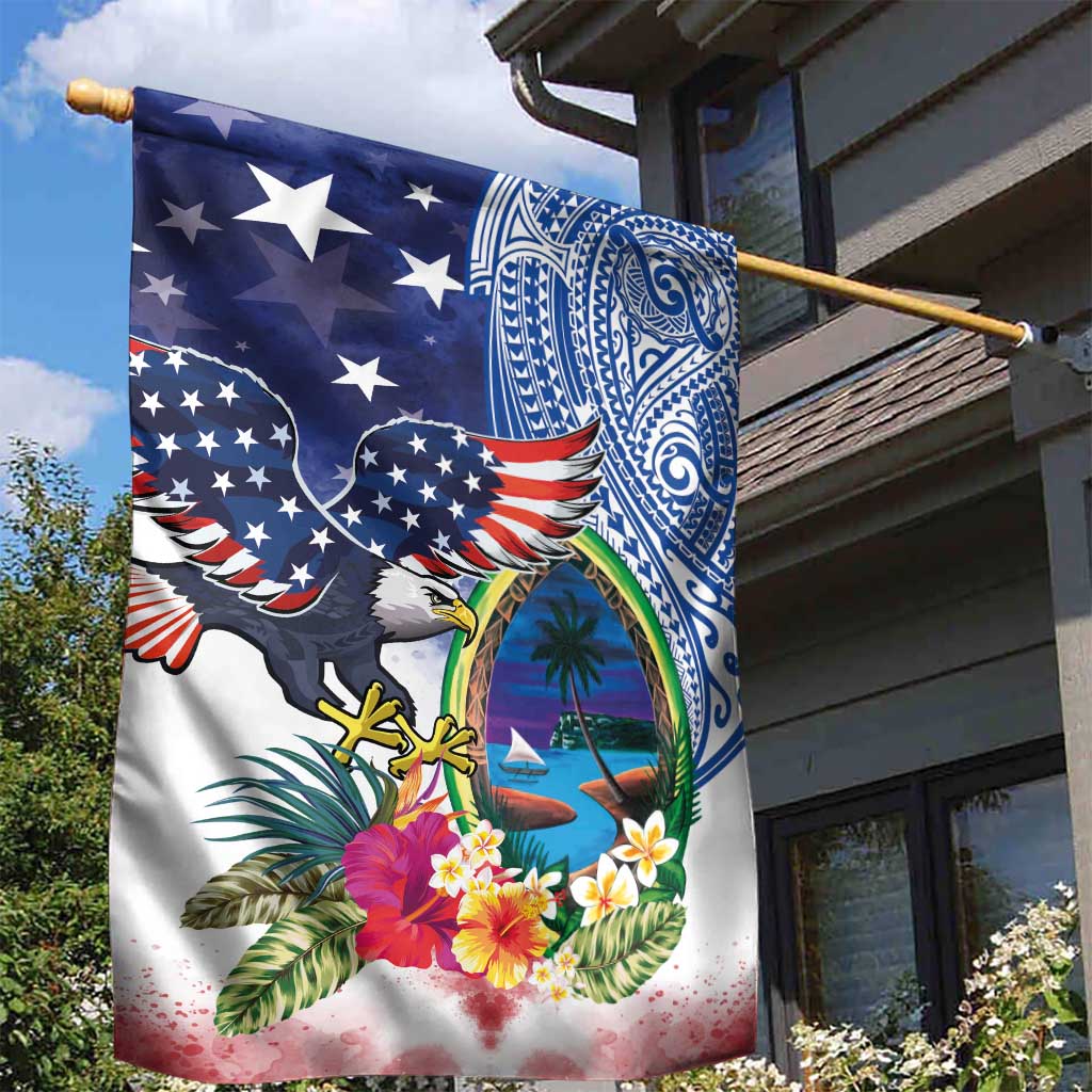Guam and United States Together Garden Flag Bald Eagle and Guam Seal with Flower and Tribal Tattoos - Polynesian Pride