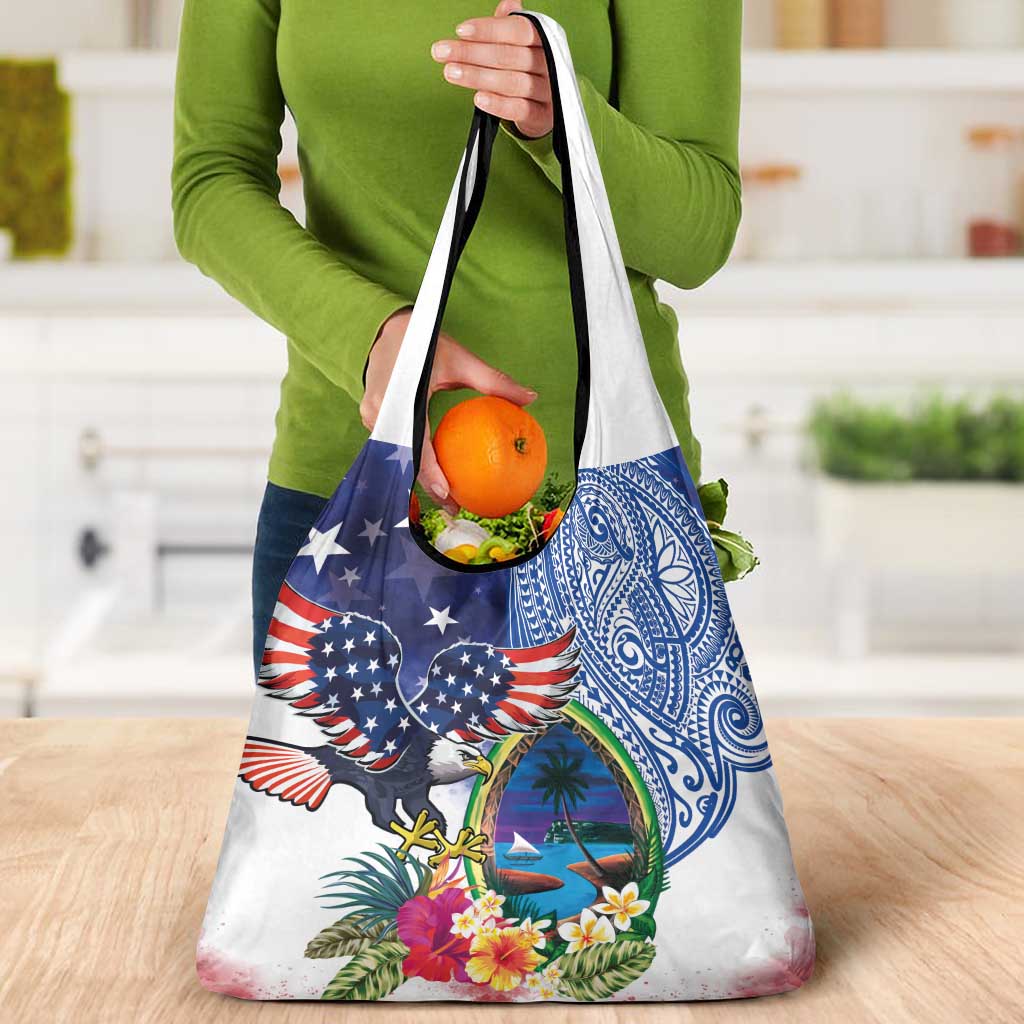 Guam and United States Together Grocery Bag Bald Eagle and Guam Seal with Flower and Tribal Tattoos - Polynesian Pride