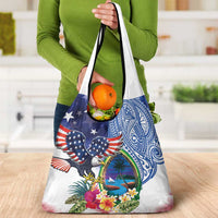 Guam and United States Together Grocery Bag Bald Eagle and Guam Seal with Flower and Tribal Tattoos - Polynesian Pride