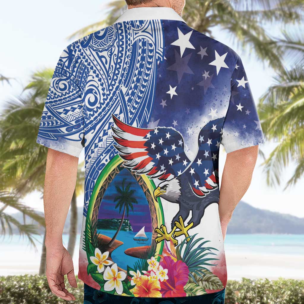 Guam and United States Together Hawaiian Shirt Bald Eagle and Guam Seal with Flower and Tribal Tattoos - Polynesian Pride
