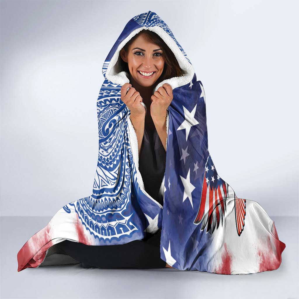 Guam and United States Together Hooded Blanket Bald Eagle and Guam Seal with Flower and Tribal Tattoos - Polynesian Pride