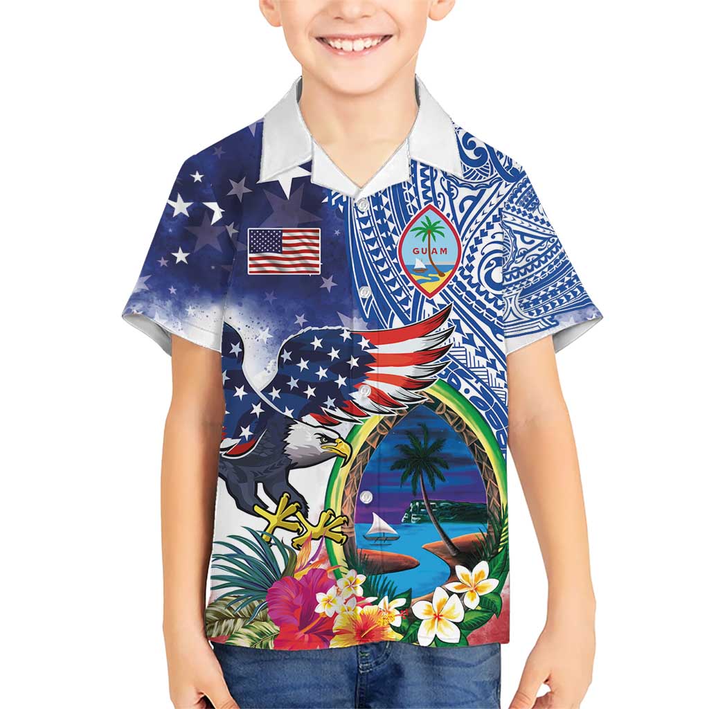 Guam and United States Together Kid Hawaiian Shirt Bald Eagle and Guam Seal with Flower and Tribal Tattoos - Polynesian Pride