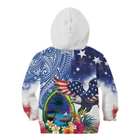 Guam and United States Together Kid Hoodie Bald Eagle and Guam Seal with Flower and Tribal Tattoos - Polynesian Pride