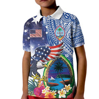 Guam and United States Together Kid Polo Shirt Bald Eagle and Guam Seal with Flower and Tribal Tattoos - Polynesian Pride