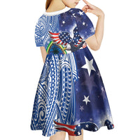 Guam and United States Together Kid Short Sleeve Dress Bald Eagle and Guam Seal with Flower and Tribal Tattoos - Polynesian Pride