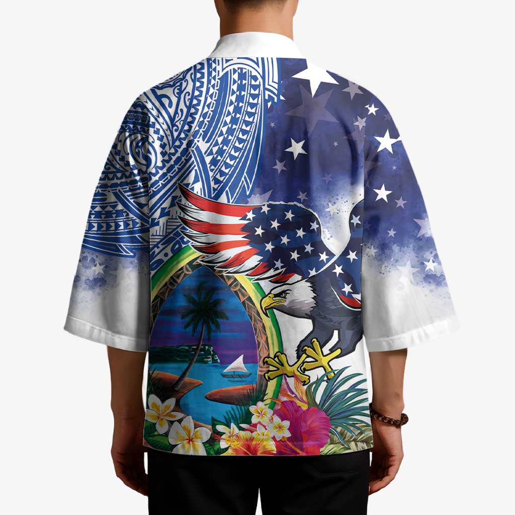 Guam and United States Together Kimono Bald Eagle and Guam Seal with Flower and Tribal Tattoos - Polynesian Pride