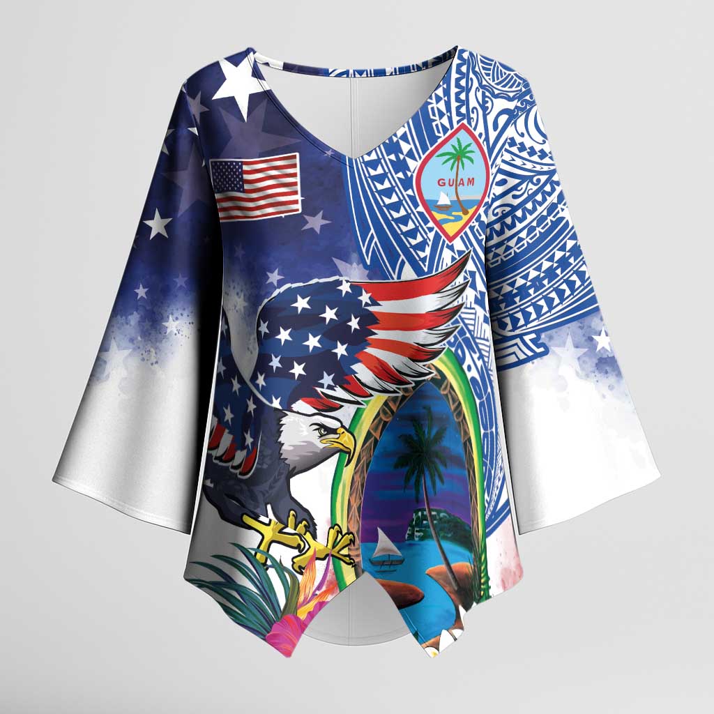 Guam and United States Together Kimono Sleeve Blouse Bald Eagle and Guam Seal with Flower and Tribal Tattoos - Polynesian Pride