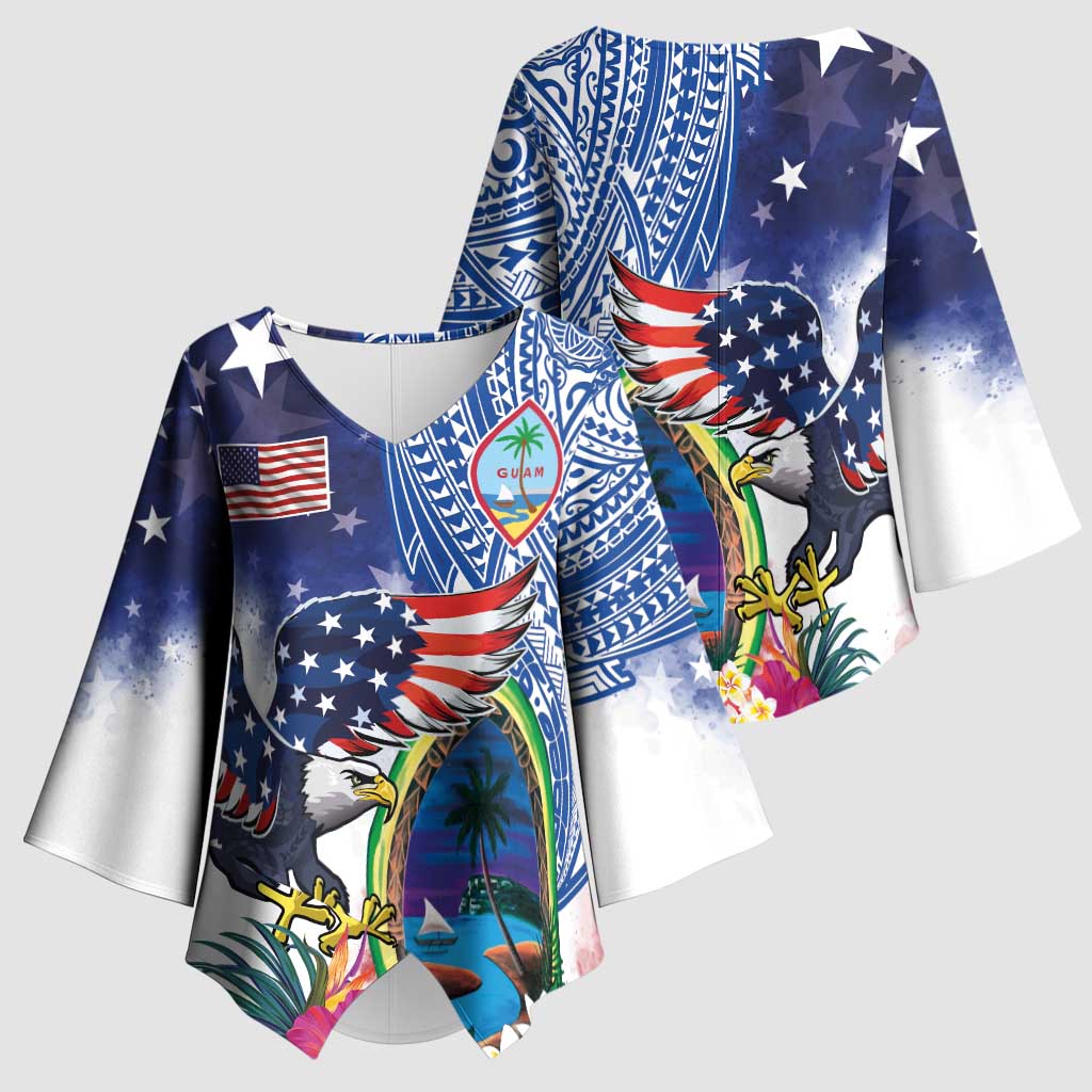 Guam and United States Together Kimono Sleeve Blouse Bald Eagle and Guam Seal with Flower and Tribal Tattoos - Polynesian Pride