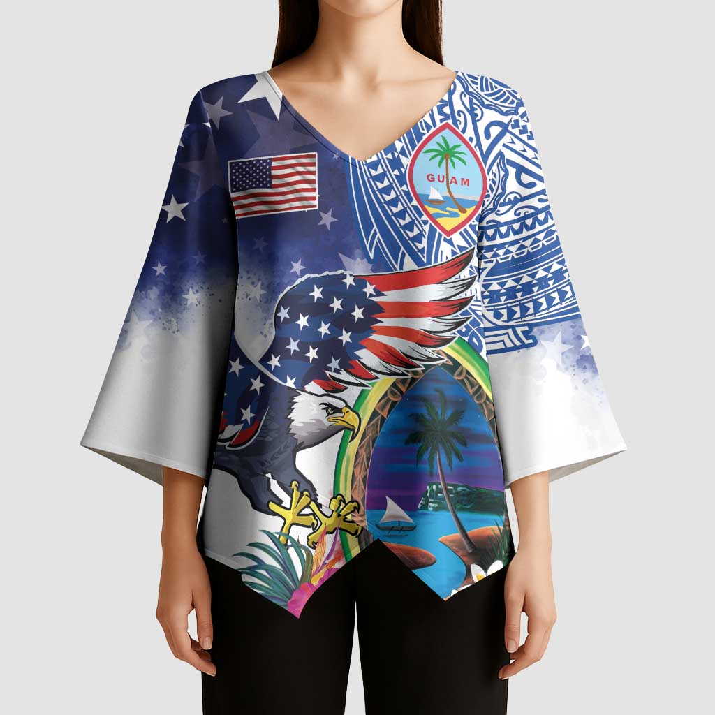Guam and United States Together Kimono Sleeve Blouse Bald Eagle and Guam Seal with Flower and Tribal Tattoos - Polynesian Pride