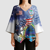 Guam and United States Together Kimono Sleeve Blouse Bald Eagle and Guam Seal with Flower and Tribal Tattoos - Polynesian Pride