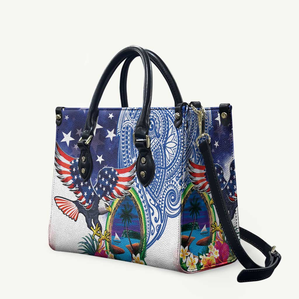 Guam and United States Together Leather Bag Bald Eagle and Guam Seal with Flower and Tribal Tattoos - Polynesian Pride