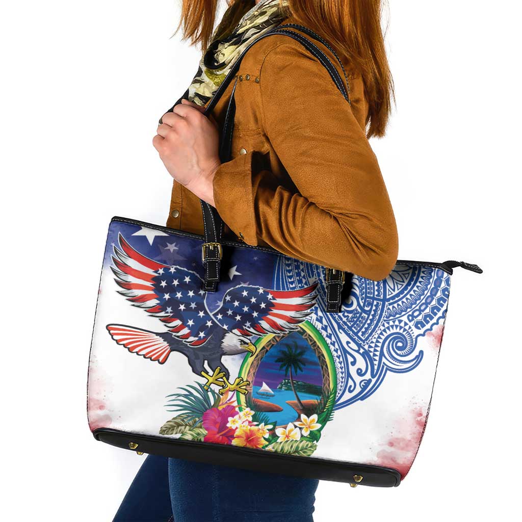 Guam and United States Together Leather Tote Bag Bald Eagle and Guam Seal with Flower and Tribal Tattoos - Polynesian Pride