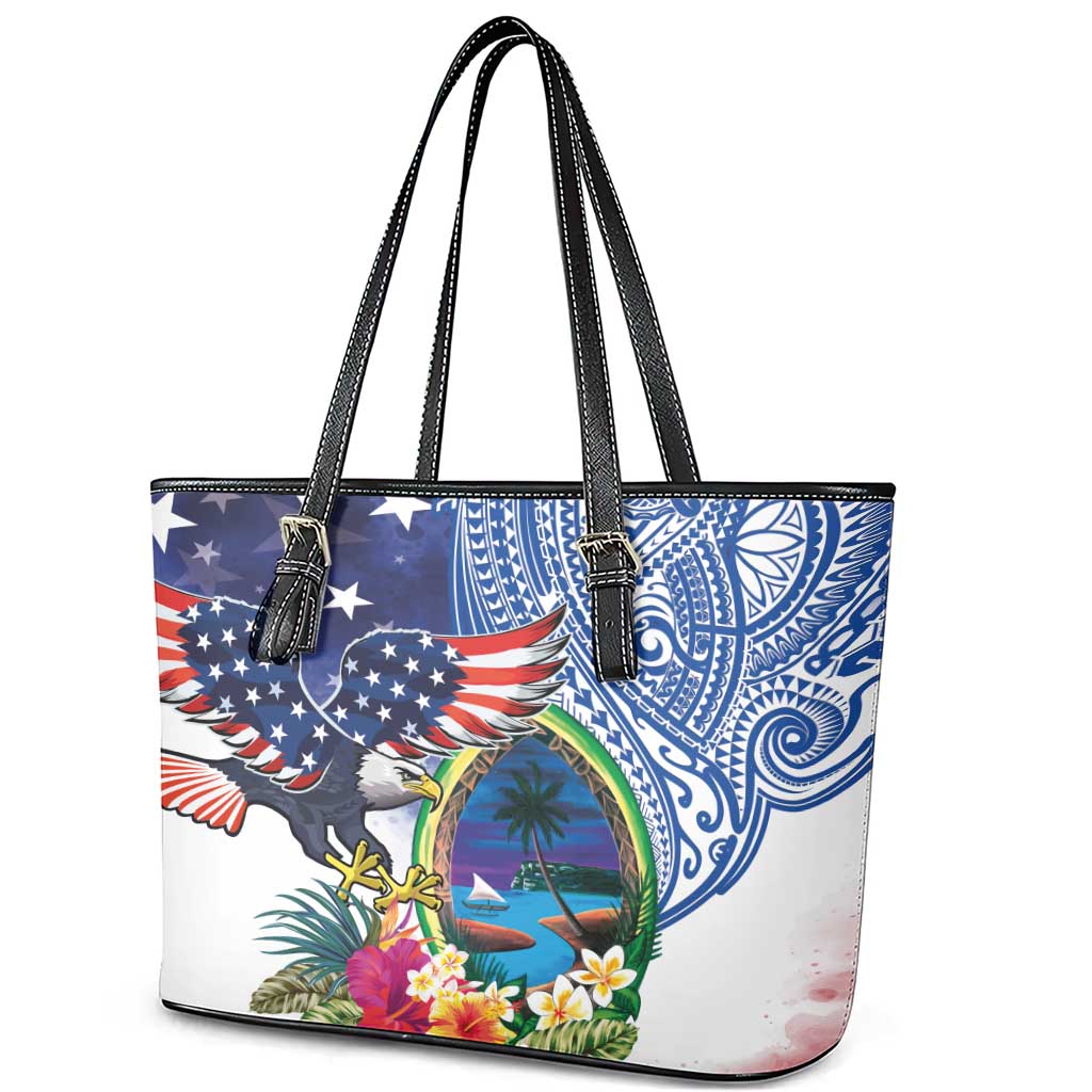 Guam and United States Together Leather Tote Bag Bald Eagle and Guam Seal with Flower and Tribal Tattoos - Polynesian Pride