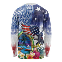 Guam and United States Together Long Sleeve Shirt Bald Eagle and Guam Seal with Flower and Tribal Tattoos - Polynesian Pride