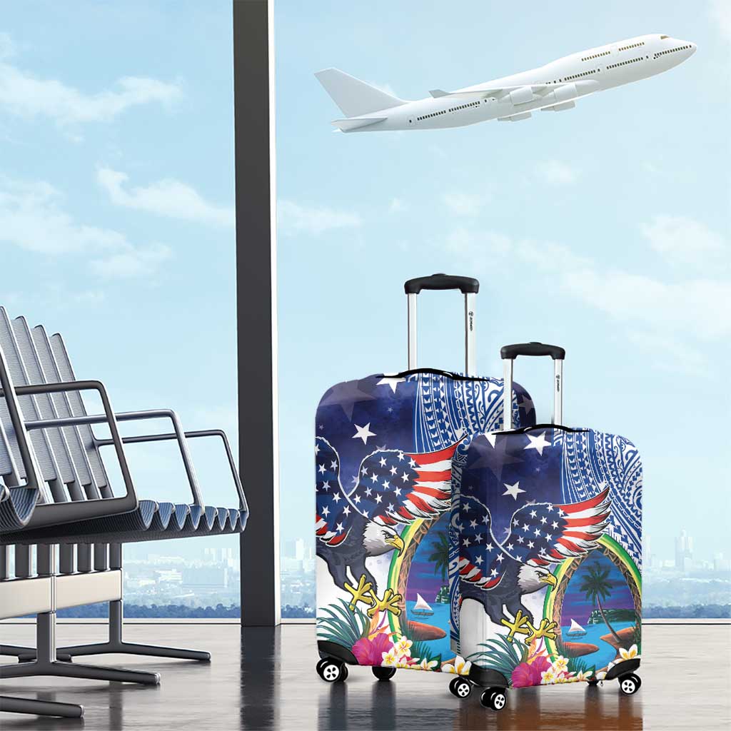 Guam and United States Together Luggage Cover Bald Eagle and Guam Seal with Flower and Tribal Tattoos - Polynesian Pride