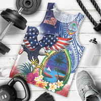 Guam and United States Together Men Tank Top Bald Eagle and Guam Seal with Flower and Tribal Tattoos - Polynesian Pride