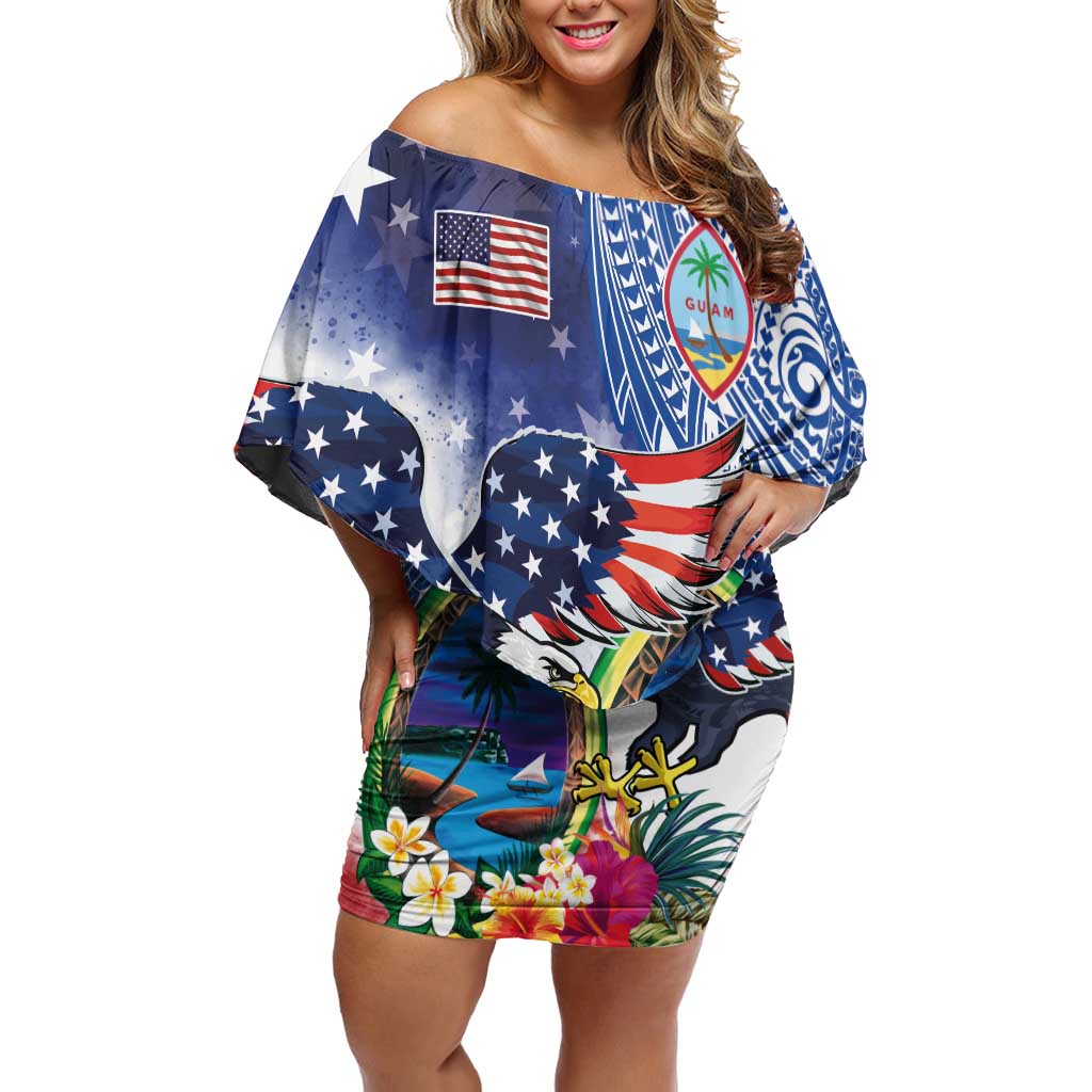 Guam and United States Together Off Shoulder Short Dress Bald Eagle and Guam Seal with Flower and Tribal Tattoos - Polynesian Pride