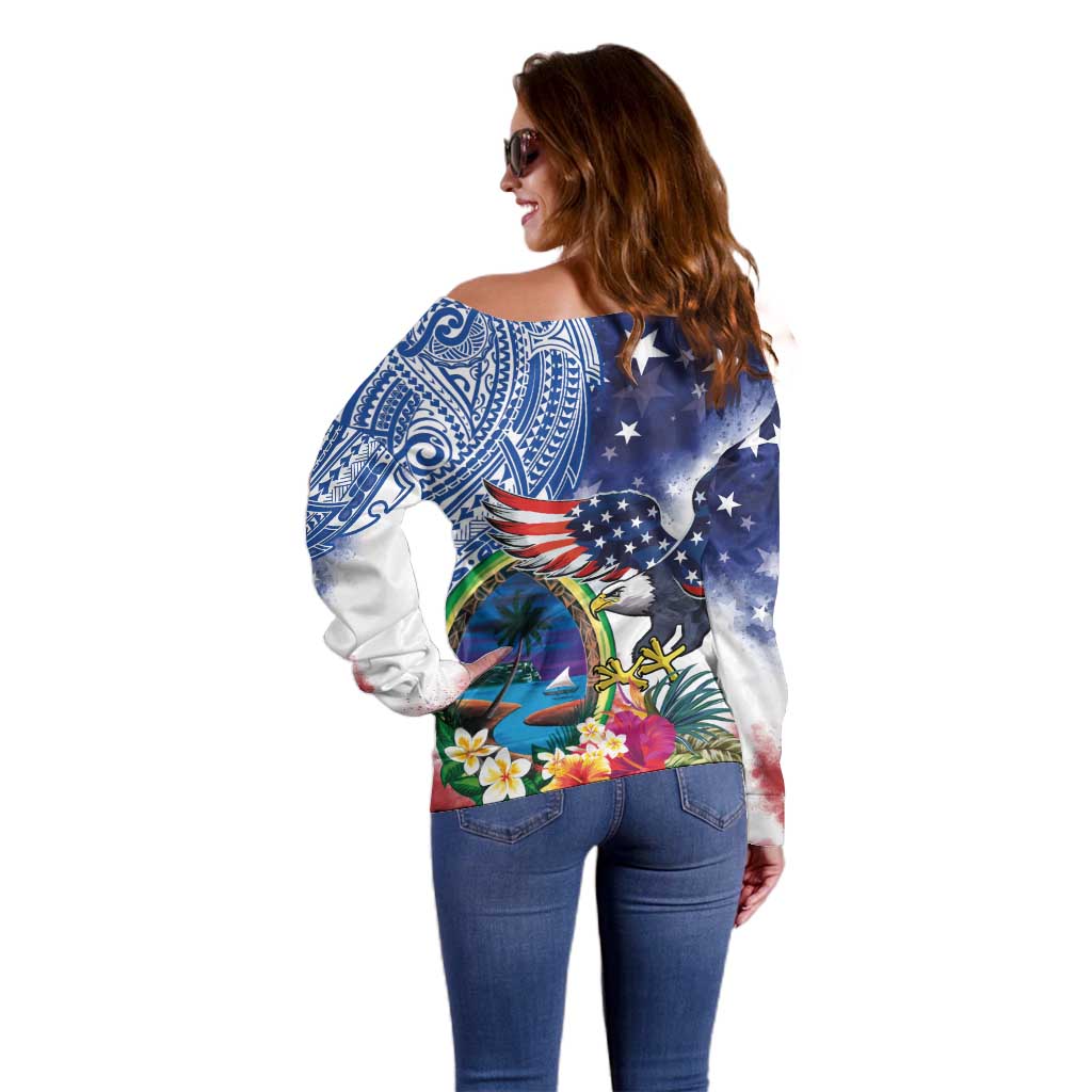 Guam and United States Together Off Shoulder Sweater Bald Eagle and Guam Seal with Flower and Tribal Tattoos - Polynesian Pride